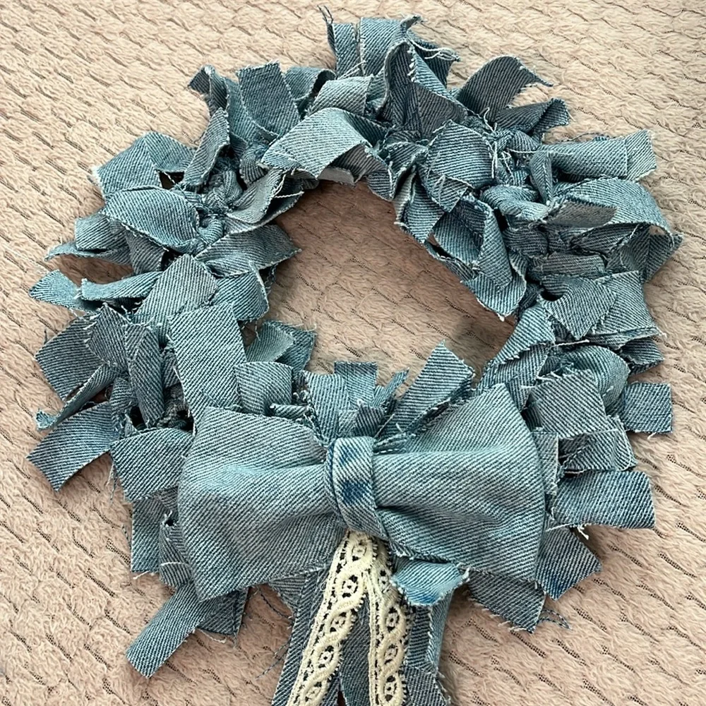Shabby Rag Denim Wreath Bundle Lot Small Boho Country Farmhouse Western Bow